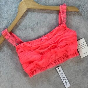 NWT For Love & Lemons Women's Pink Ruffle Mesh Ruched Crop Top Summer Sz XXS